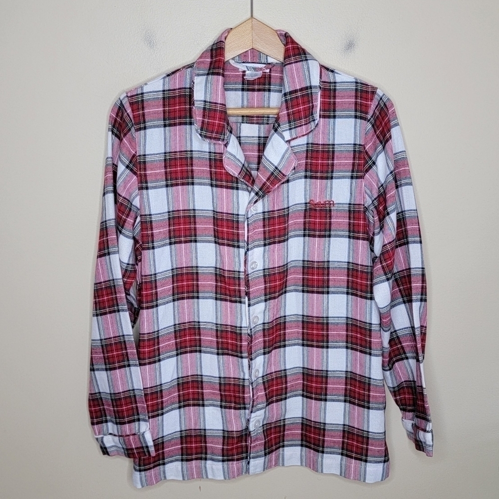 Pottery Barn Red Plaid Button-Up Pajama Shirt Embroidered Name Sam Kids Size XS